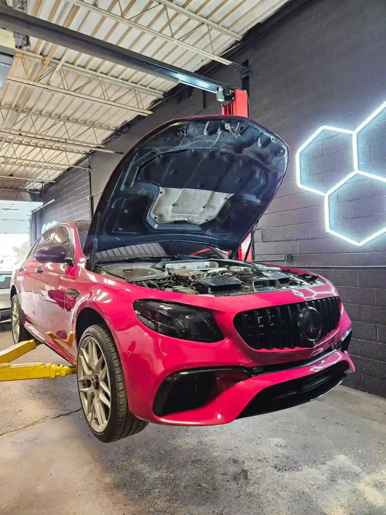 pink mercedes hood open_